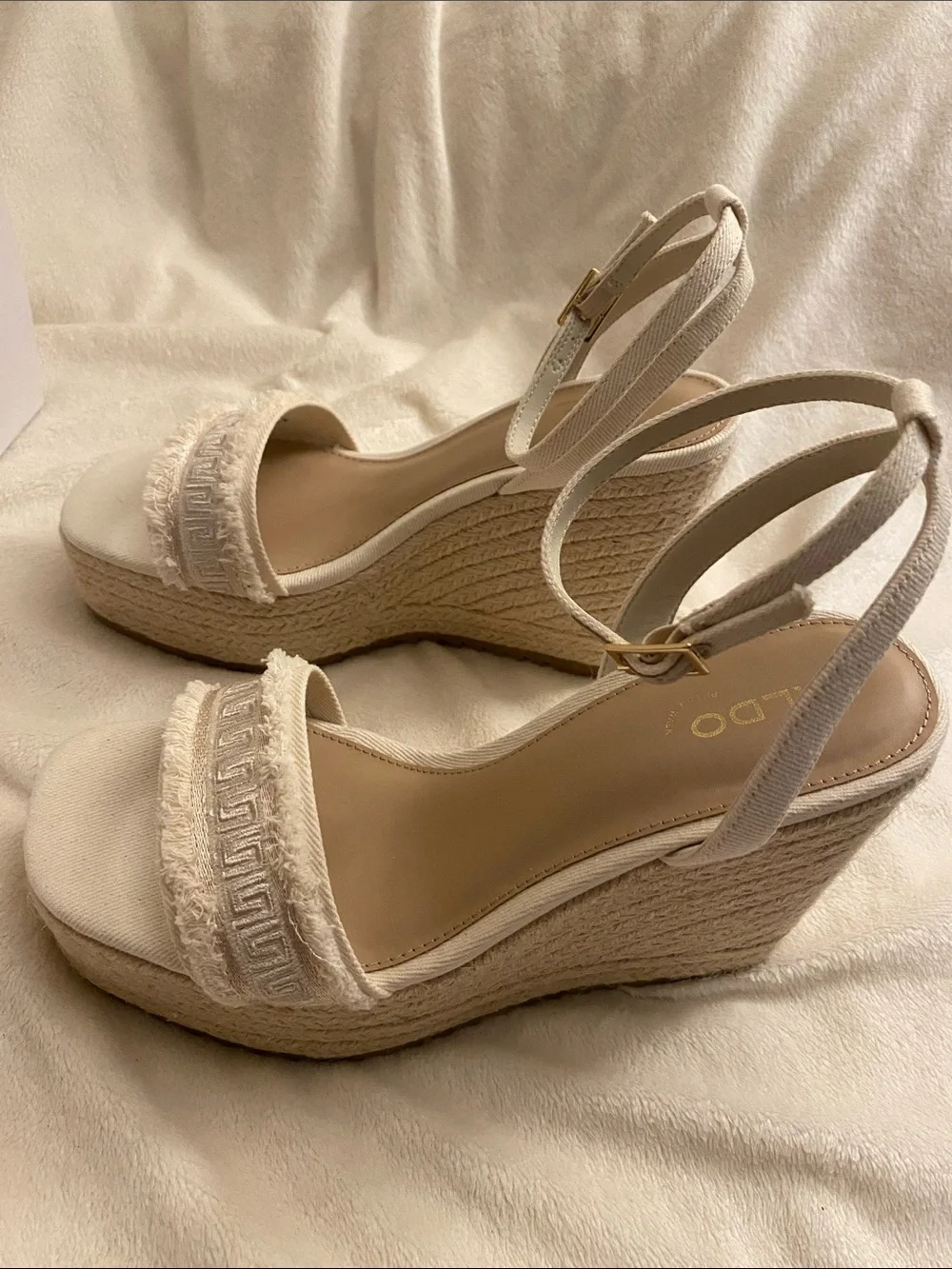 ALDO Aberitram Cream/Tan Frayed-Trim Wedge Sandals with Ankle Strap